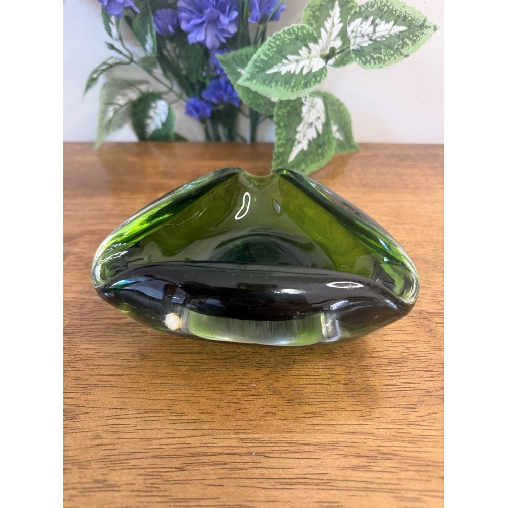 Vintage Murano-Style‎ Green Art Glass Ashtray – Triangular Hand-Blown Glass Bowl